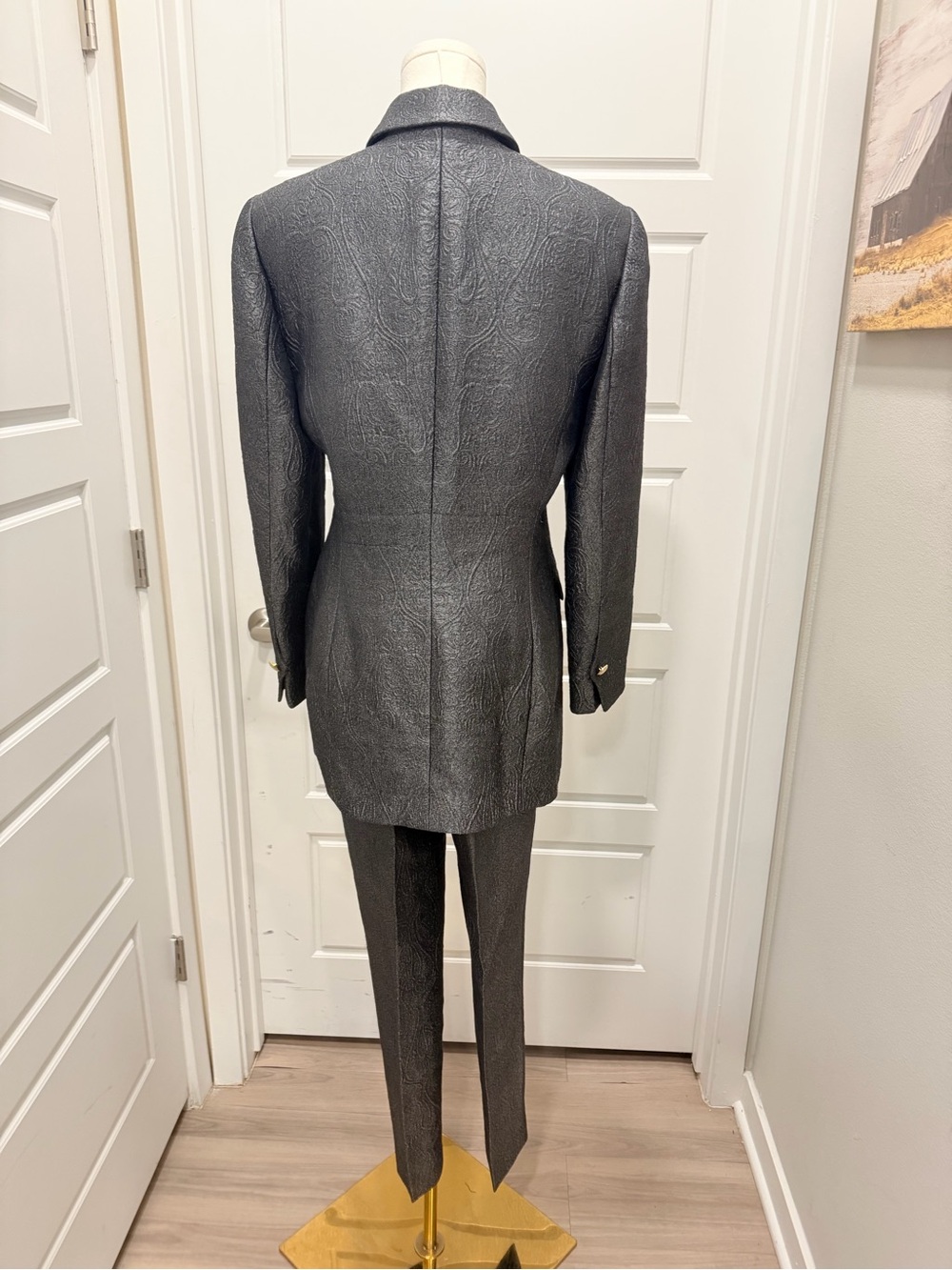 Escada Charcoal Gray Textured Silk-Virgin Wool Two-Piece Suit with Gold Buttons - Picture 8 of 13